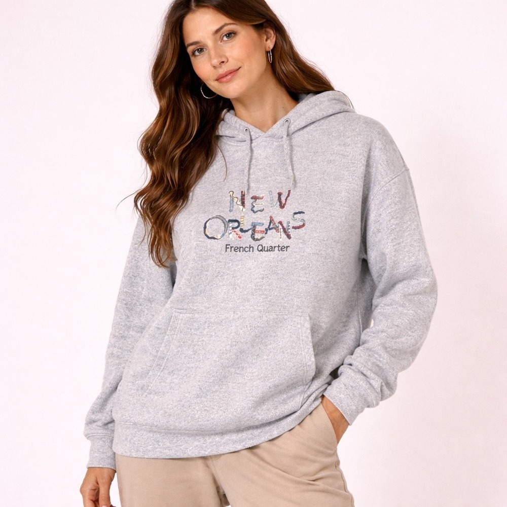 Vintage Niko's Gray New‎ Orleans French Quarter Embroidered Fleece Hoodie Large
